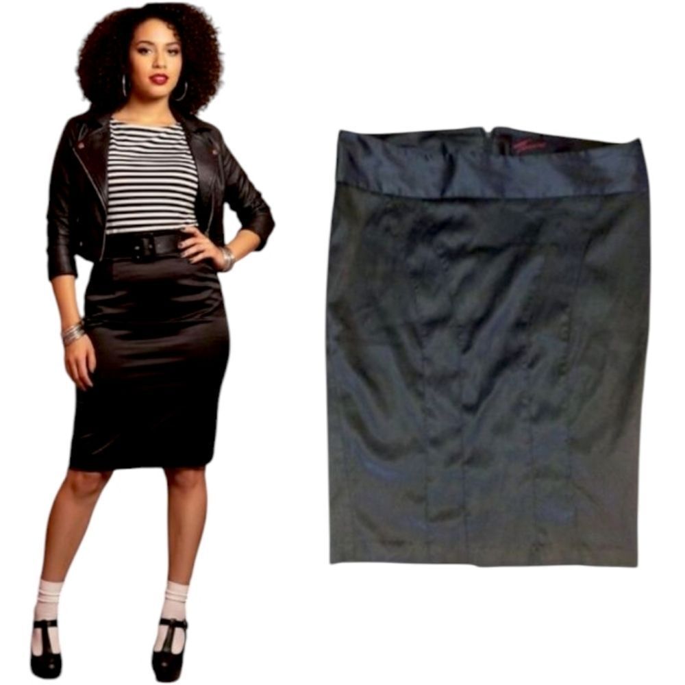 VTG Torrid Black Satin High Rise Rockabilly Goth Midi Pencil Skirt‎ SZ 12 Fitted
